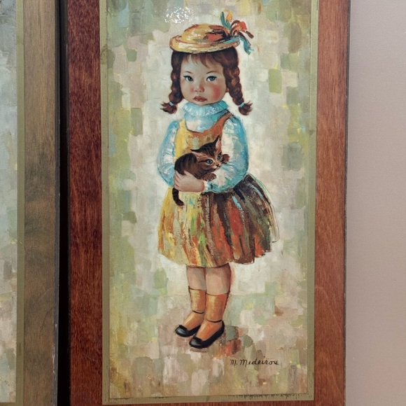 Mid Century Medeiros Girl with Cat and Boy with Dog Big Eye Wall Art - Picture 5 of 13